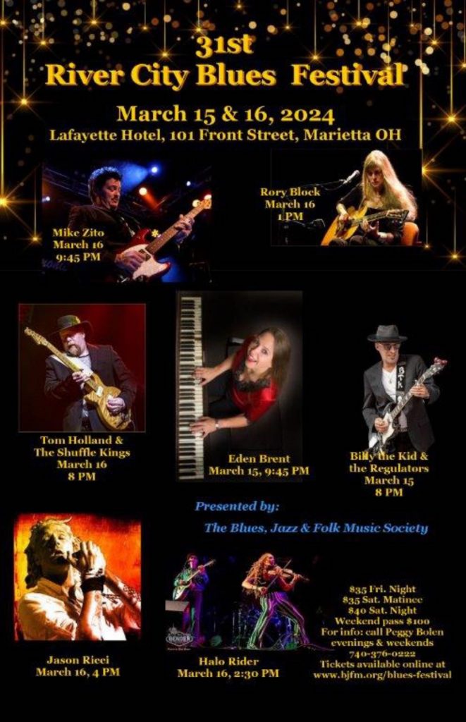 A poster with the line up for the 31st River City Blues Festival on it. 