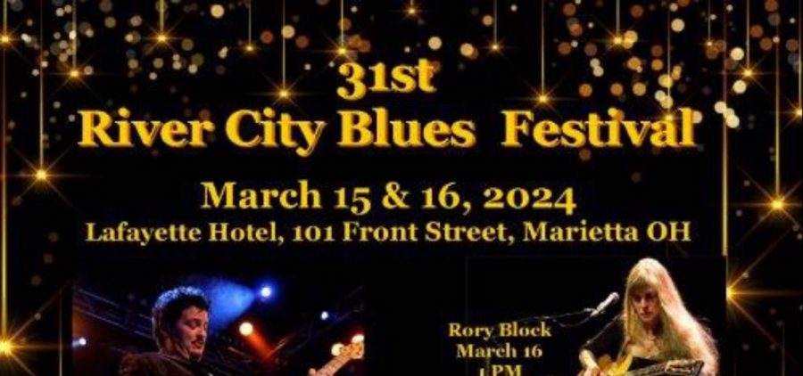 A poster with the line up for the 31st River City Blues Festival on it.