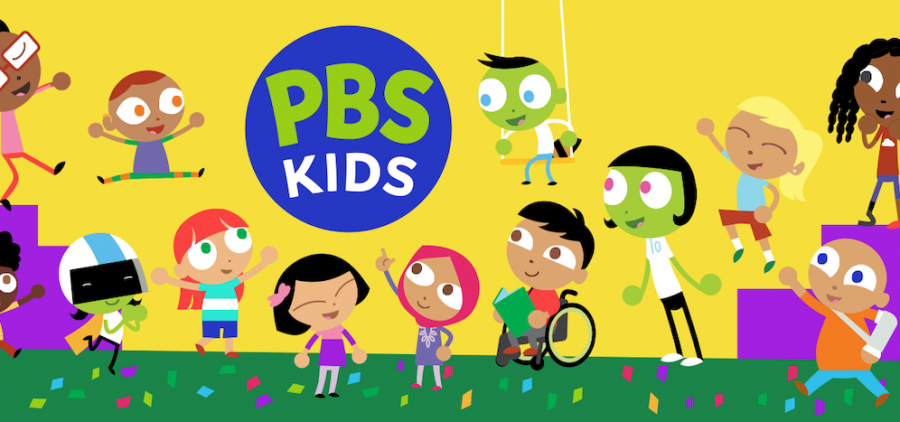 banner including new PBS logo and 12 cartoon children cheering on the logo