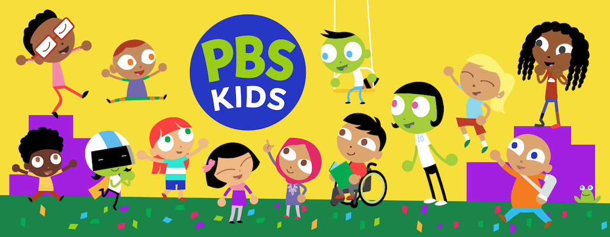 banner including new PBS logo and 12 cartoon children cheering on the logo
