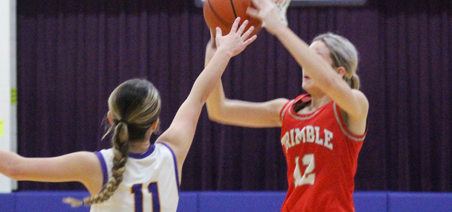 Trimble girls player jumps to make a shoot while a Southern player jumps up to block.
