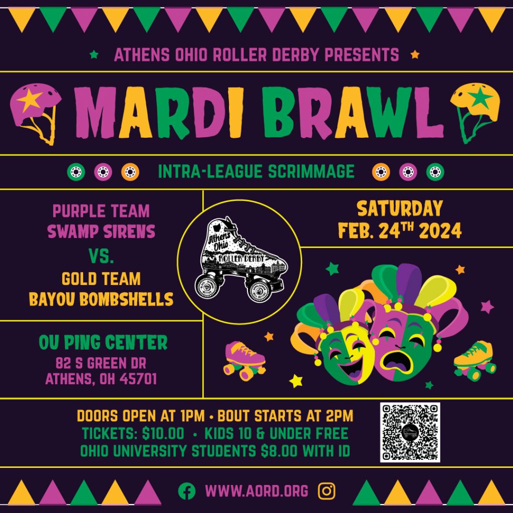 A flyer for the Athens Ohio Roller Derby Mardi Brawl.