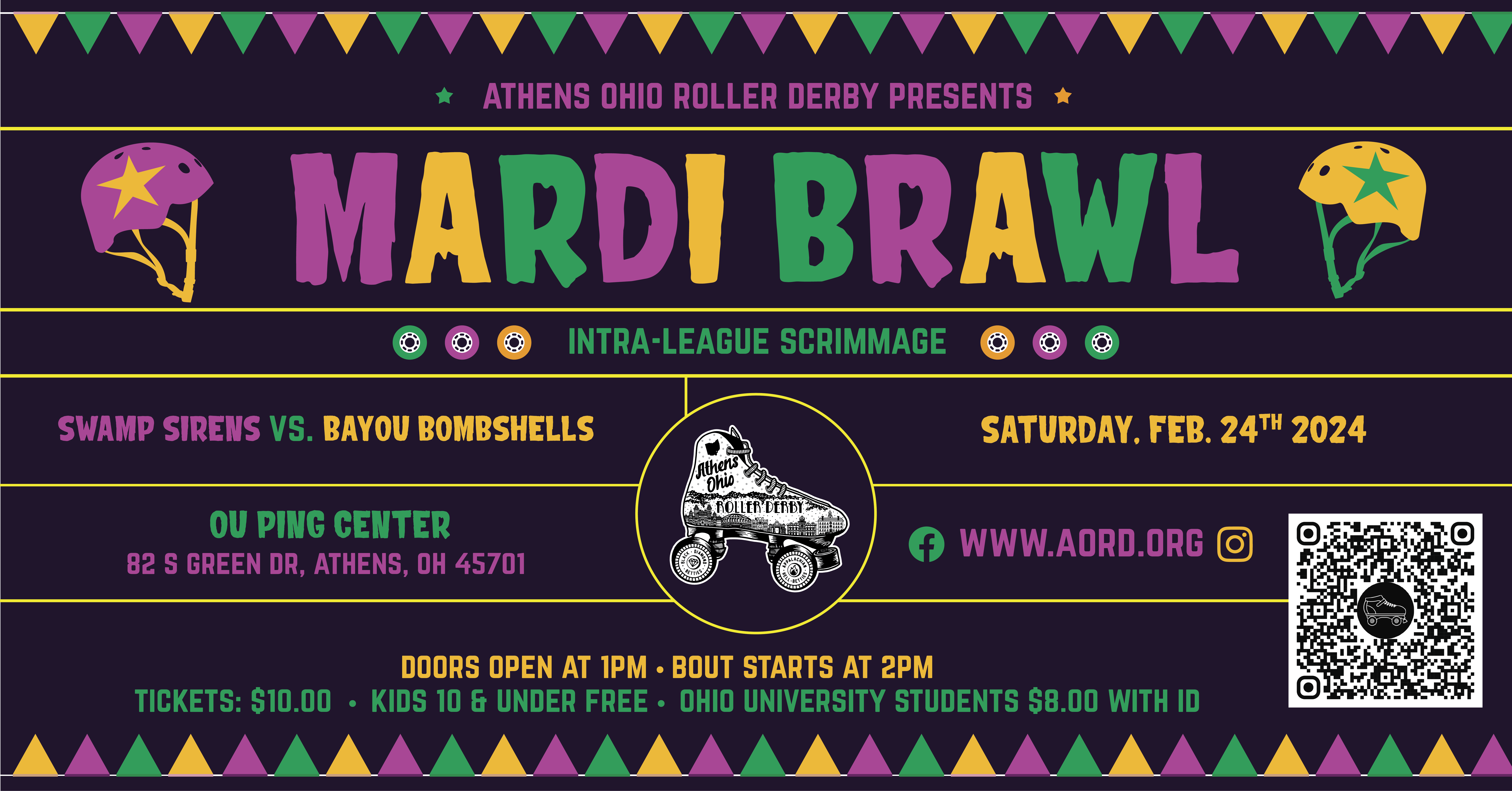 An image promoting the Athens Roller Derby's Mardi Brawl