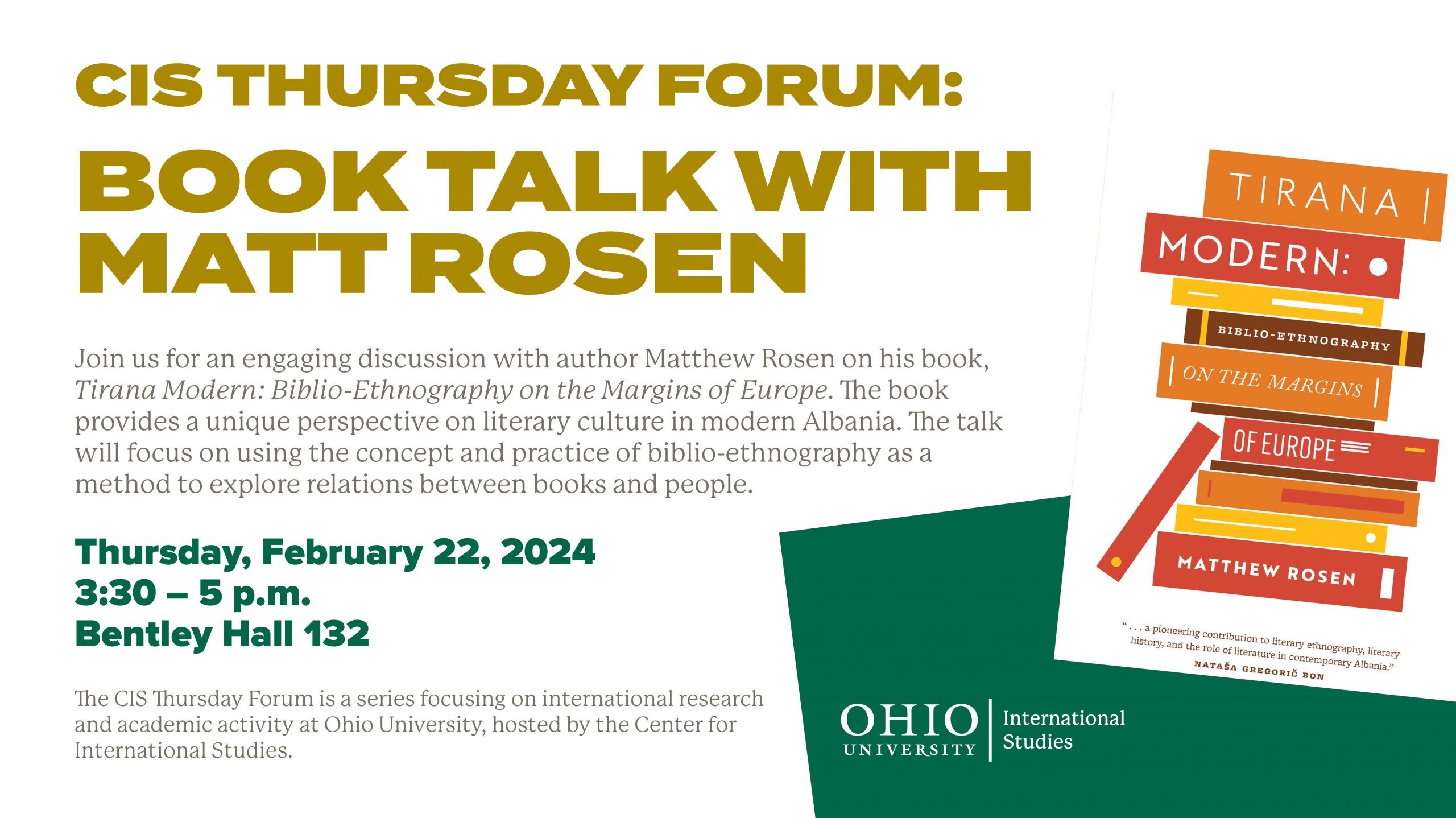 A flyer for the Book Talk with Matt Rosen event.