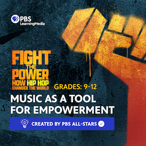 Fight the power pass through link to PBS Learning media lessons. Image is cartoon hand holding a microphone
