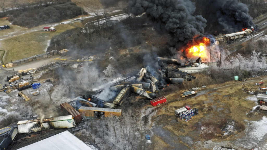 An aerial view of the fiery train derailment in East Palestine, Ohio.