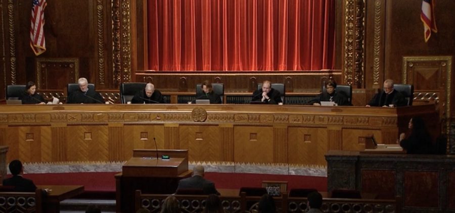 Ohio Supreme Court hears an appeal of a case that one of the justices, Joe Deters, prosecuted when he was the Hamilton County Prosecutor in 2022. Deters is seated on the far right side of this picture.