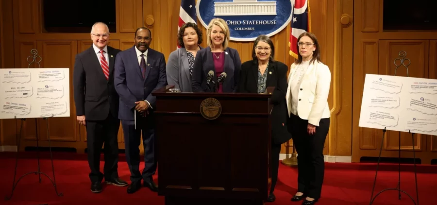 Democratic leaders in the Ohio House and Senate at a news conference on Feb. 22, 2024 where they called for a more thorough investigation by federal officials into the House Bill 6 scandal