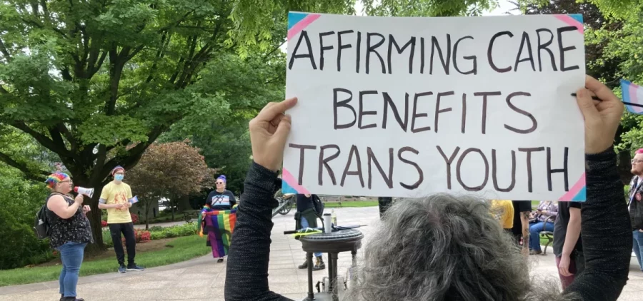 Demonstrators outside the Ohio Statehouse showing support for transgender kids