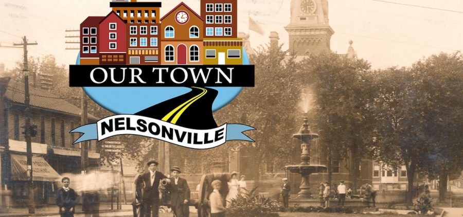 sepia toned photo of Nelsonville circa 1940's with "Our Town Nelsonville" logo