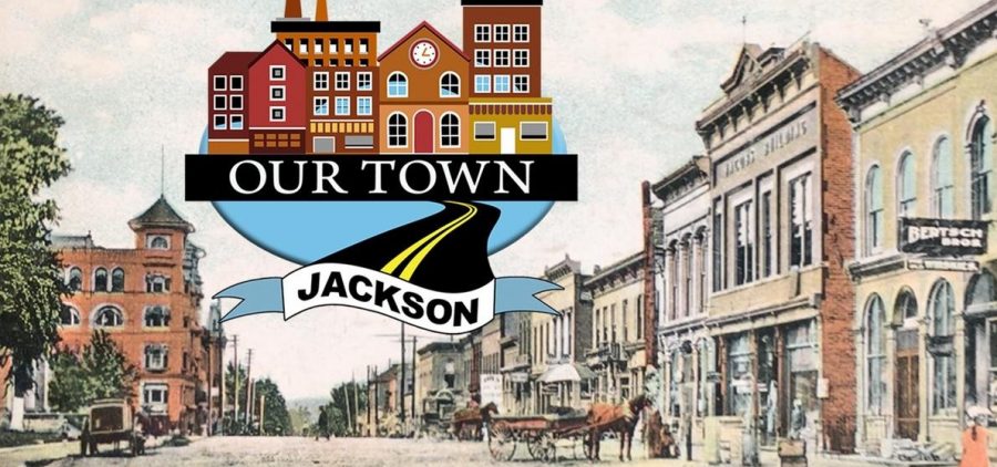 painted color photo of early 1900s Jackson Ohio with logo: Our Town: Jackson