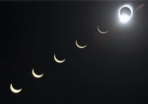 An image of the progression of a total solar eclipse. 