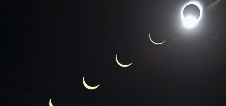 An image of the progression of a total solar eclipse.