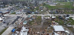 Debris scatters the ground following a severe storm Friday, March 15, 2024, in Lakeview, Ohio.