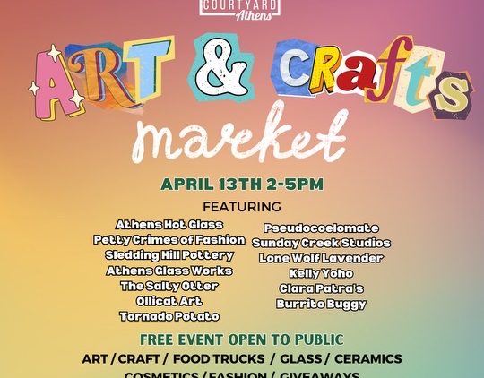 An image with details about University Courtyard's upcoming arts and crafts market.