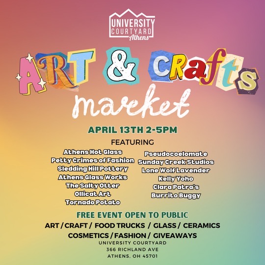 An image with details about University Courtyard's upcoming arts and crafts market.