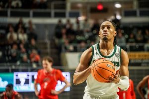 Miles Brown shoots a free throw in Ohio's game against Bowling Green