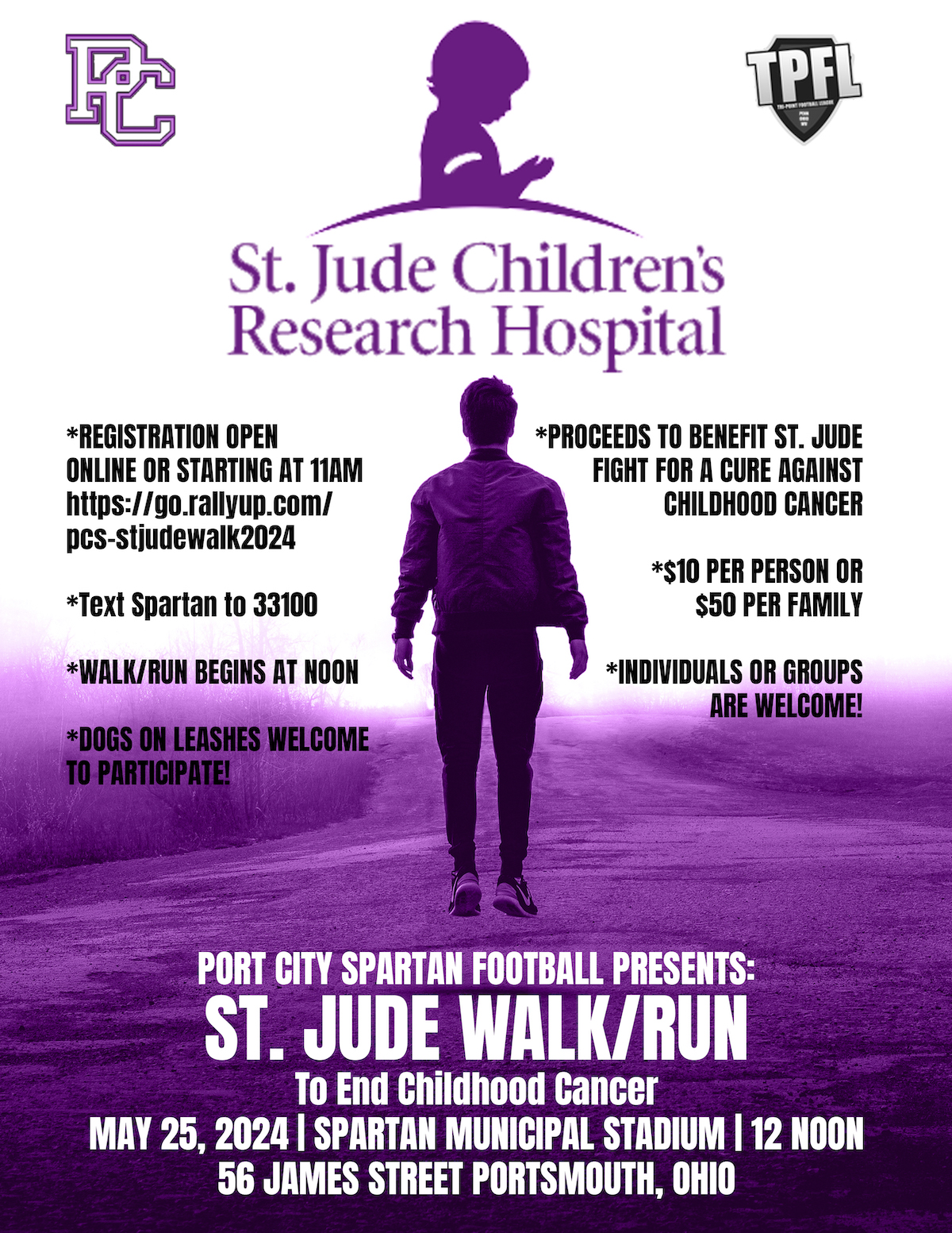 A poster detailing the St. Jude Walk/Run event happening in Portsmouth in May.