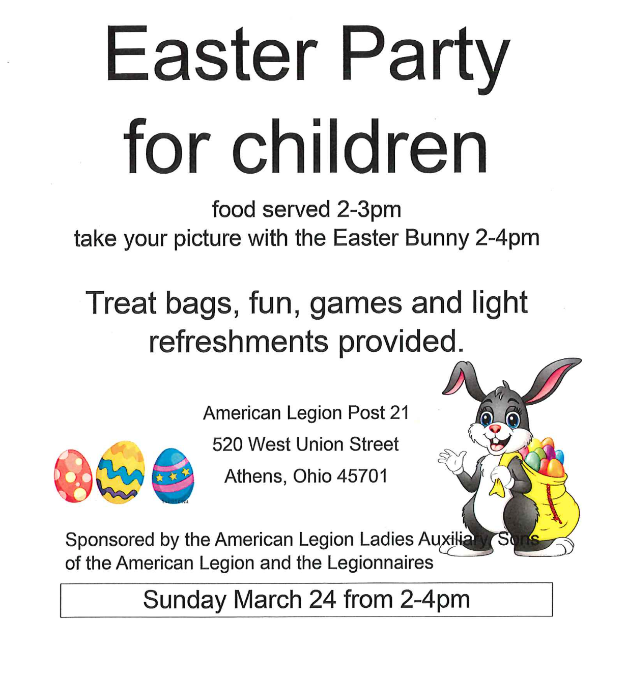 An image of a flyer for the Athens chapter of the American Legion's Easter Party for Children.