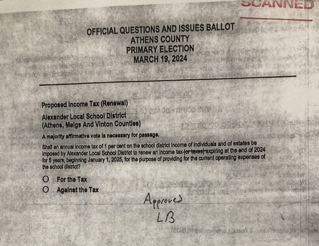 A scanned copy showing that the Secretary of State's office approved the incorrect ballot language for the Alexander school levy.