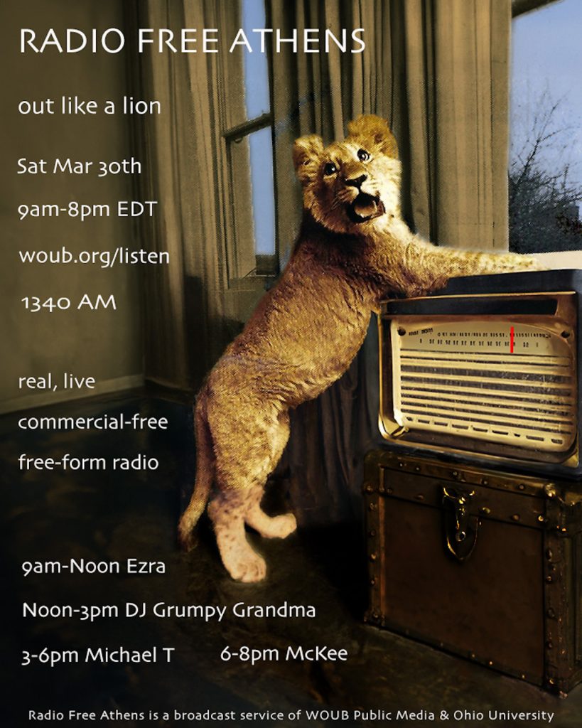 A graphic displaying the lineup for Radio Free Athens Saturday, March 30. 