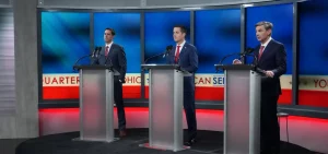 Frank LaRose, Bernie Moreno and Matt Dolan participate in a US Senate primary debate.