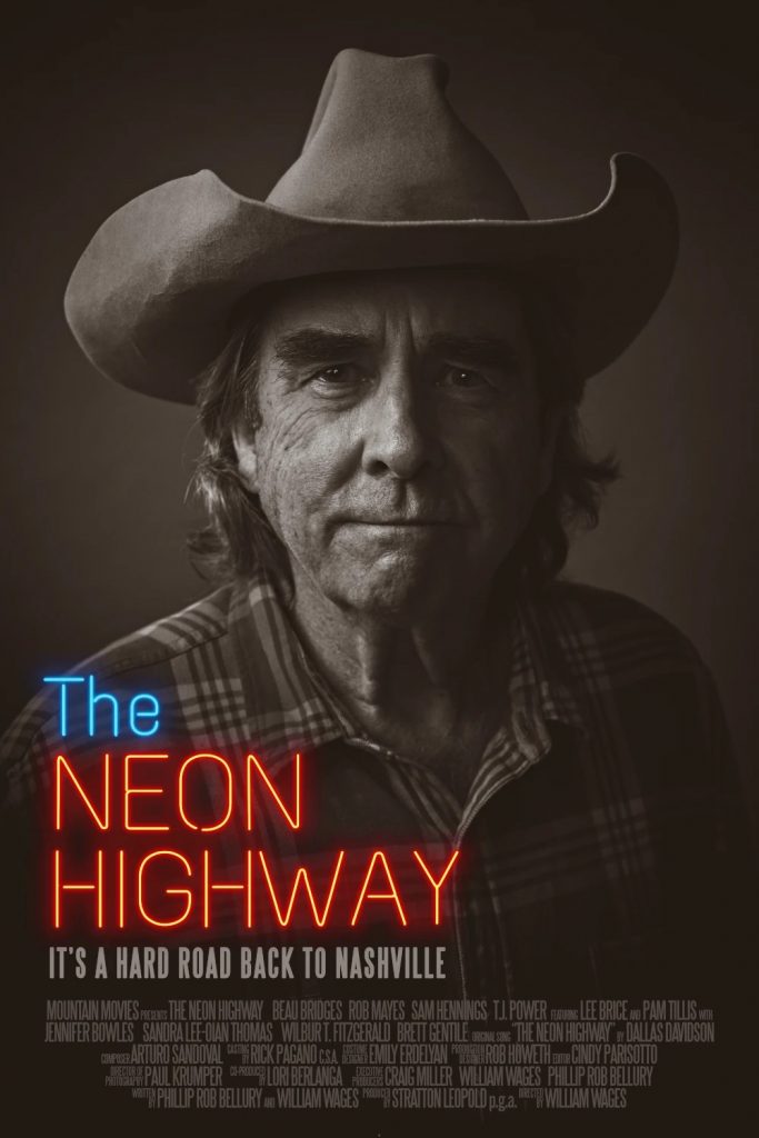 The poster for the film "The Neon Highway." It is a sepia toned picture with the title in blue and red. 