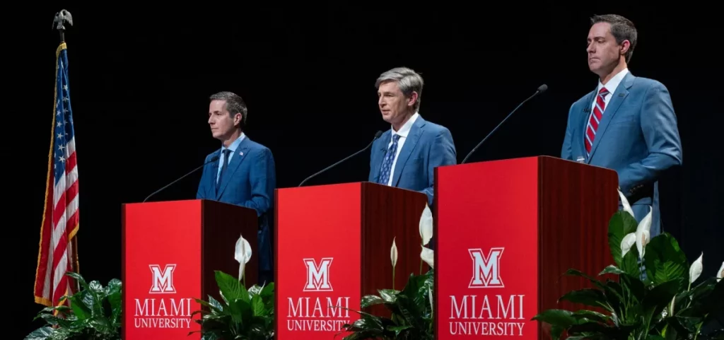 Bernie Moreno, Matt Dolan and Frank LaRose at the final Republican U.S. Senate debate