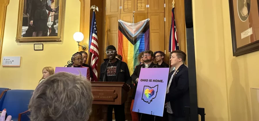 Opponents of HB 68 hold a press conference prior to an Ohio Senate vote on the bill, which bars transgender youth from participating in school athletics and accessing certain medical care.