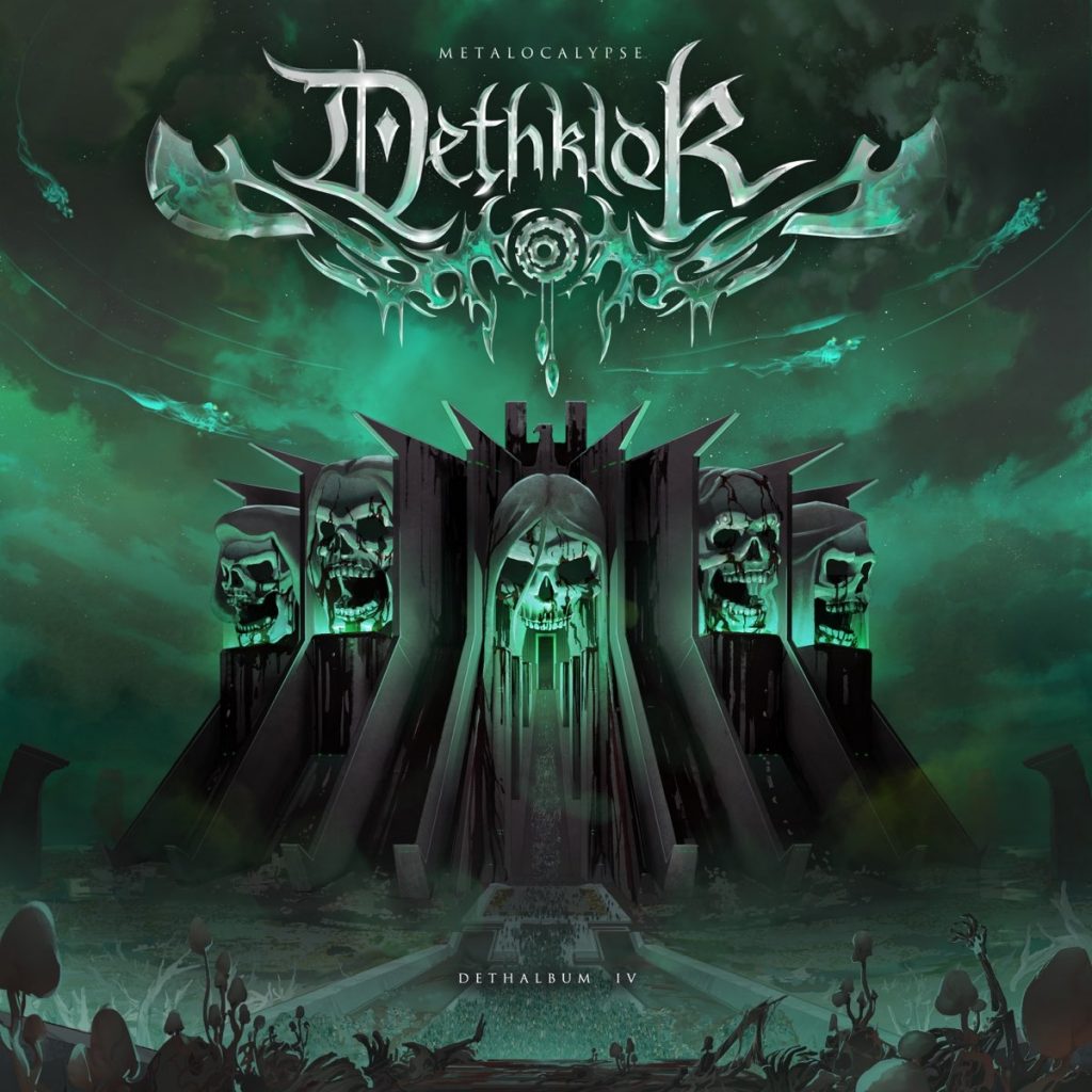 The album cover for Dethklok's most recent release. It is depicting a spooky looking mountain with skulls carved into it. 