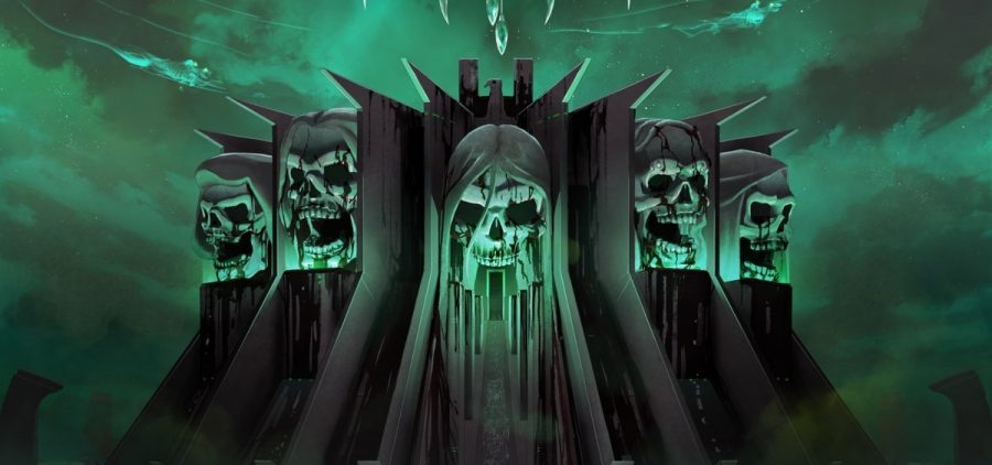 The album cover for Dethklok's most recent release. It is depicting a spooky looking mountain with skulls carved into it.