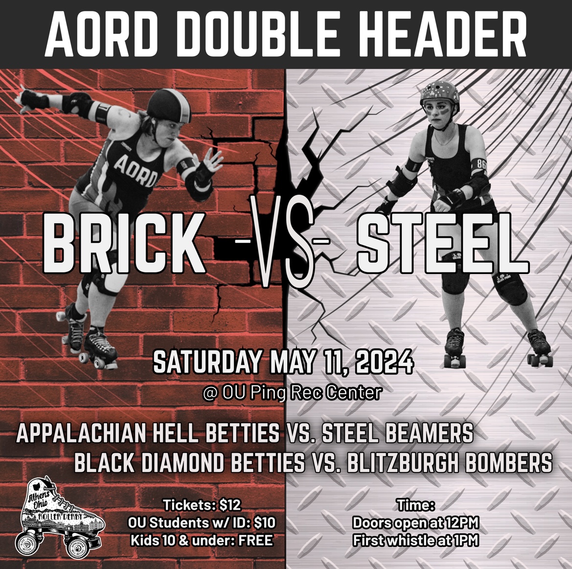 A flyer for the Bricks vs. Steel roller derby game.