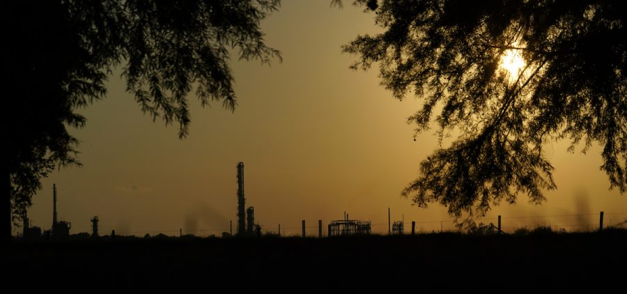 The Denka Performance Elastomer Plant sits at sunset in Reserve, Louisiana