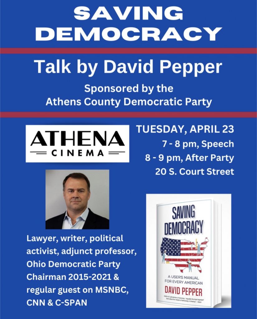 A flyer detailing an upcoming event featuring author David Pepper at the Athena Cinema in Athens.