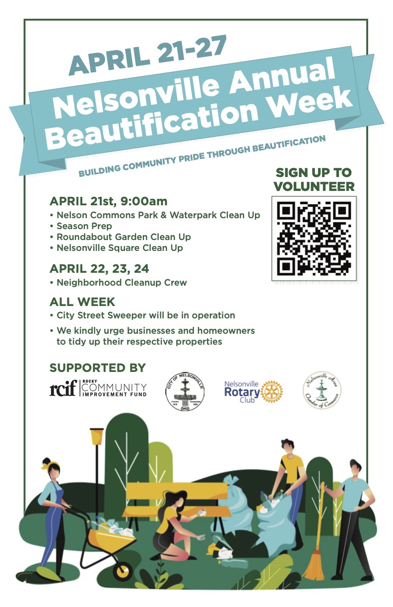An image of a flyer detailing the events planned for Nelsonville Beautification Week.