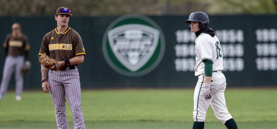Ohio senior Gideon Antle stands on second base against Western Michigan.
