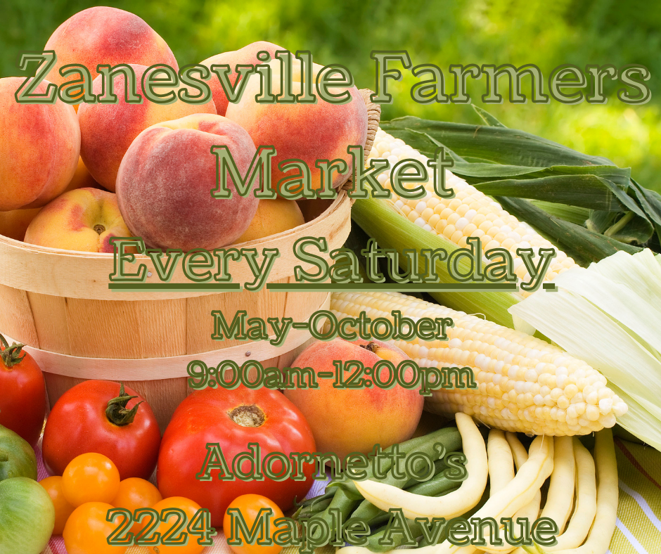 An image of farm produce with the text Zanesville Farmer's Market superimposed over.