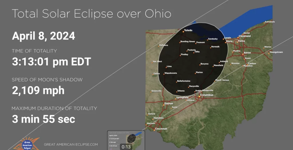 A map shows the eclipse path through Ohio