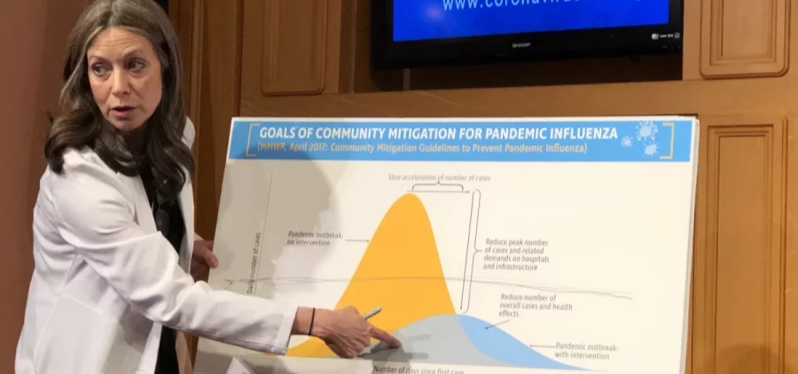 Former Ohio Department of Health Director Dr. Amy Acton points at a chart as she talks about "flattening the curve" of COVID patients so hospitals aren't overwhelmed, on March 11, 2020.