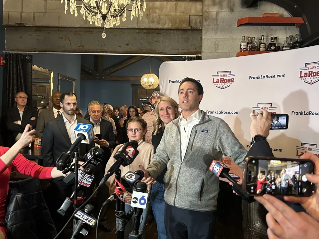Ohio Secretary of State Frank LaRose speaks to his supporters in a Columbus area restaurant/bar after his loss in the Republican U.S. Senate primary to Bernie Moreno, a Northeast Ohio businessman.