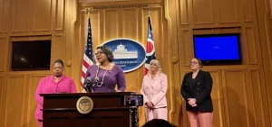Rep. Juanita Brent, Cuyahoga County Councilmember Meredith Turner, Rep. Sara Carruthers and Maria York with the Ohio Domestic Violence Network talk to reporters at a press conference.