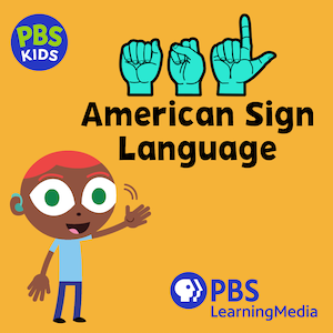 PBS Kids ASL-Content - cartoon character waving, fingers spelling out A-S-L