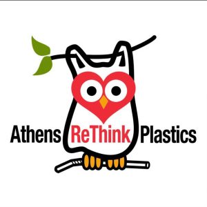 The logo for Athens ReThink Plastics, which is the text of the group's name over a cartoon owl. 