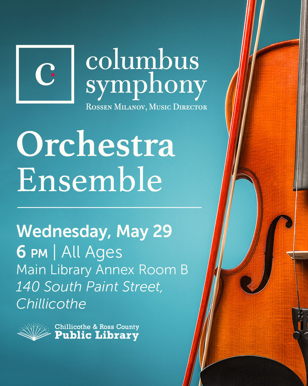 A flyer for the Columbus Orchestra Ensemble. It is blue with a picture of a violin.