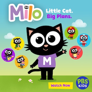 cartoon cat named "Milo" with his cartoon friends in floating bubbles around him.