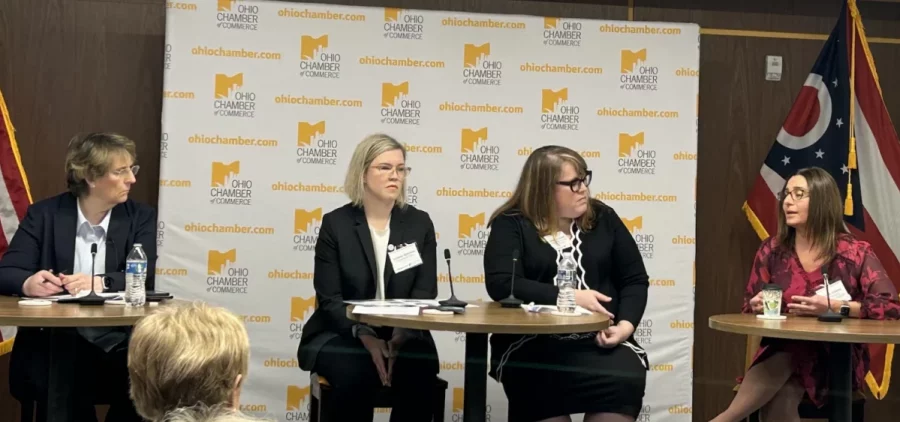 Panelists speak about childcare at an April 16, 2024 forum at the Ohio Chamber of Commerce, Columbus, Ohio.