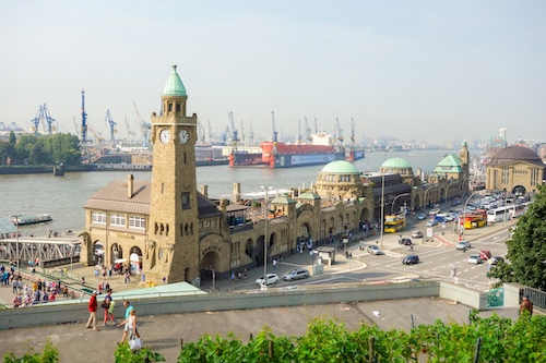 St. Pauli Landungsbrücken harborfront in Hamburg.
