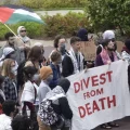 Protesters gather at Mirror Lake on Ohio State University's campus demanding the university disinvest from funding sources related to Israel and their war in Gaza against Hamas