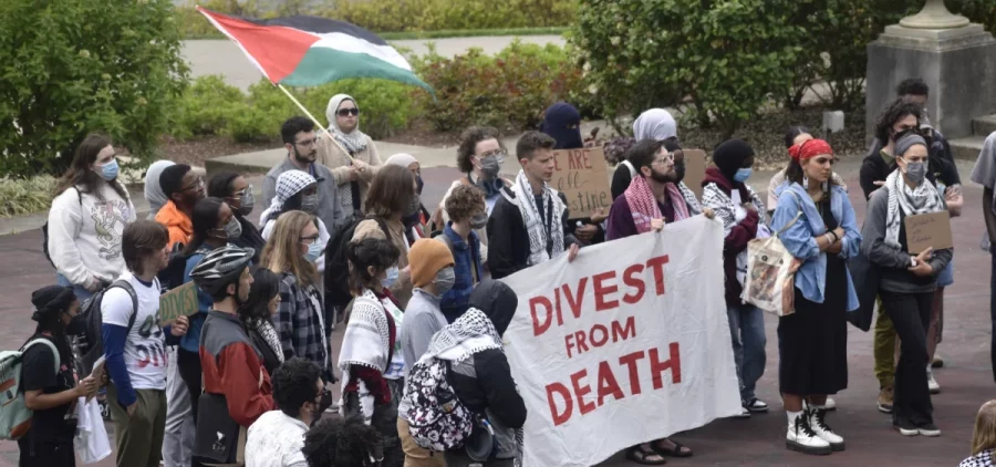 Protesters gather at Mirror Lake on Ohio State University's campus demanding the university disinvest from funding sources related to Israel and their war in Gaza against Hamas