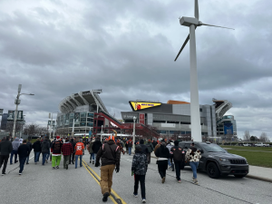 Cleveland Browns fans walk toward the stadium for a home game on Dec. 10, 2023.